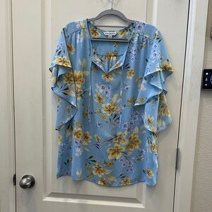 Counterparts Floral Ruffle Sleeve Blouse - Blue and Yellow